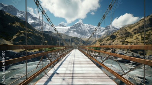  a wooden bridge over a river with mountains in the background. generative ai