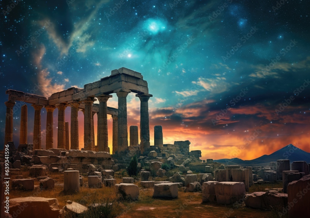 Fototapeta premium Celestial Mystique Over Ruins. Poster. Generativ Ai.