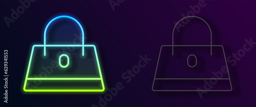 Glowing neon line Handbag icon isolated on black background. Female handbag sign. Glamour casual baggage symbol. Vector