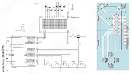 Vector drawing of the electrical schematic diagram 
and a printed circuit board 
of an electronic device with a microcontroller 
and a graphic display.
Engineering technical project.