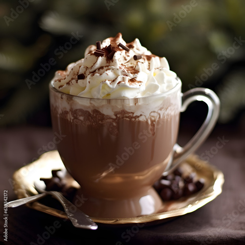 A cup of steaming hot cocoa adorned with whipped cream and chocolate shavings, embodying the coziness of winter indulgence. AI Generated