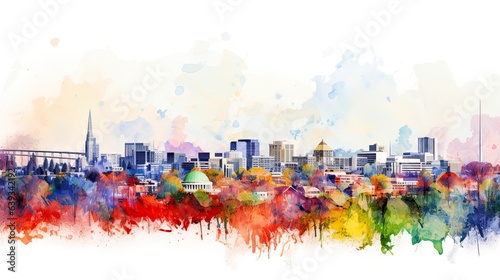 Colourful Athens GA Skyline in Watercolor Splatters.  US Cityscape Artistic Background with Clipping Path for Architecture Designs