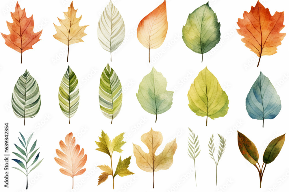 Fototapeta premium 水彩調の植物のイラスト。北欧風の 葉っぱのイラスト。