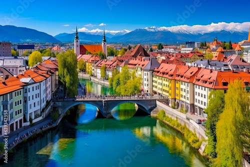 Aerial Panorama of Ljubljana: Slovenia's Beautiful Capital City Landscape with Stunning Architecture photo