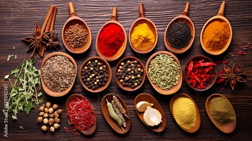 Flavorful Panorama of Spices and Herbs for Food Labels. An Appetizing Seasoning and Condiment Background with Pepper, Chili, Cinnamon, Ginger, and Indian Spices
