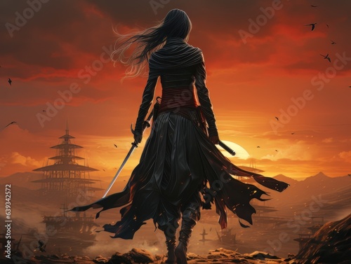 Woman warrior silhouette with samurai sword at fiery sunset in Asian style AI