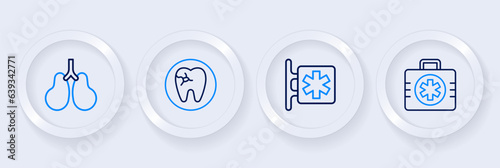 Set line First aid kit, Emergency - Star of Life, Tooth with caries and Lungs icon. Vector