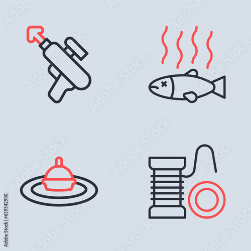 Set line Dead fish, Fishing float in water, Spinning reel for fishing and harpoon icon. Vector