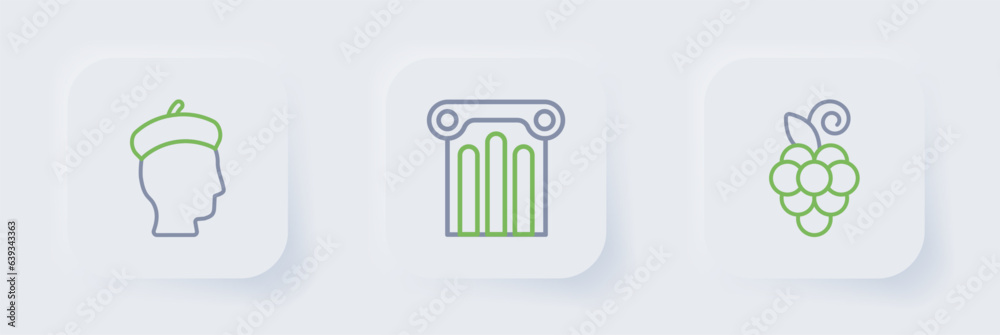 Set line Grape fruit, Ancient column and French man icon. Vector Set line Grape fruit, Ancient column and French man icon. Vector