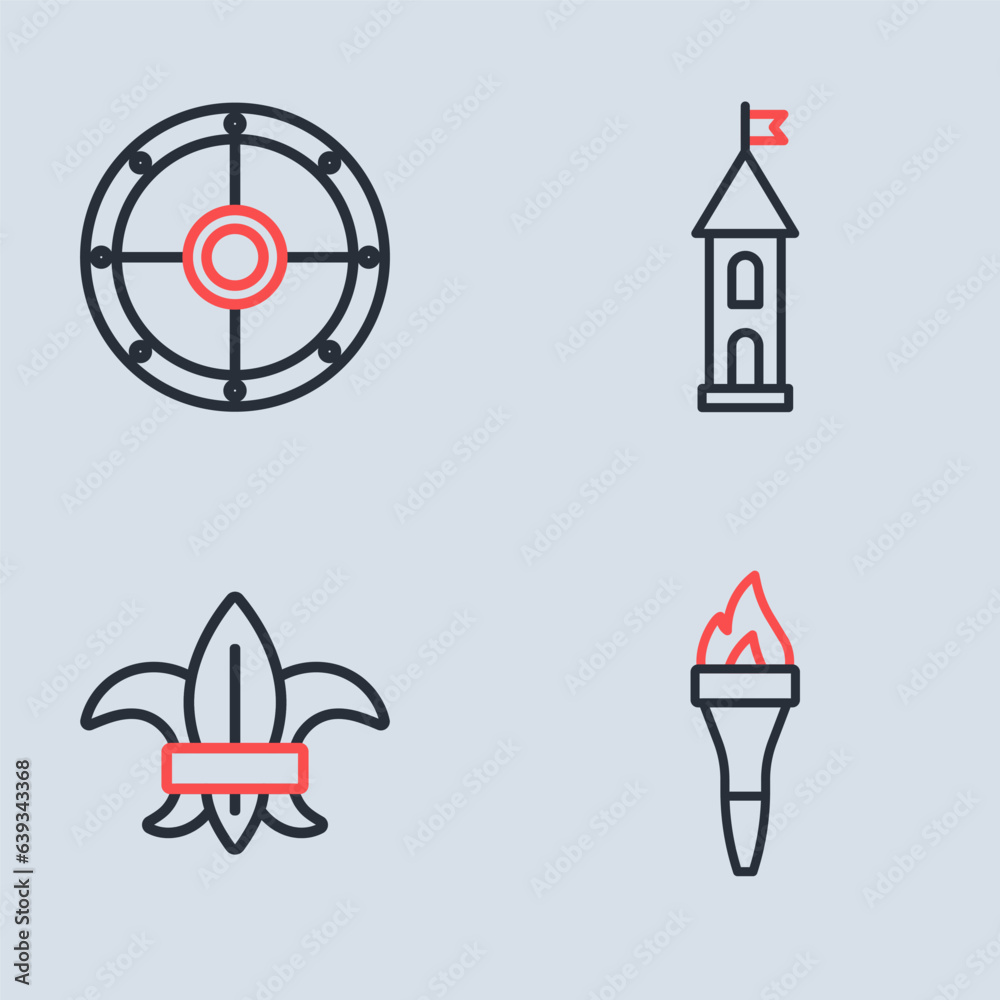 Set line Castle tower, Fleur de lys or lily flower, Torch flame and Round shield icon. Vector