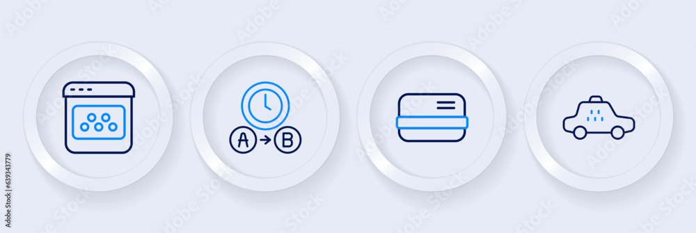Set line Taxi car, Credit card, waiting time and mobile app icon. Vector