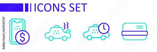 Set line Credit card, Taxi waiting time, Broken taxi and Mobile banking icon. Vector