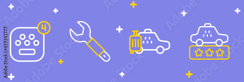 Set line Taxi service rating, car, Wrench spanner and mobile app icon. Vector