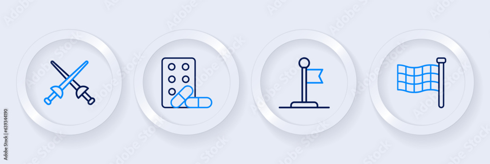 Set line Checkered flag, Flag, Sports doping with dumbbell and Fencing icon. Vector Set line Checkered flag, Flag, Sports doping with dumbbell and Fencing icon. Vector