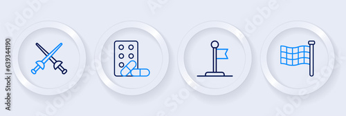 Set line Checkered flag, Flag, Sports doping with dumbbell and Fencing icon. Vector