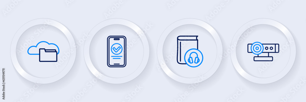 Set line Web camera, Audio book, Online quiz, test, survey and Cloud or online library icon. Vector Set line Web camera, Audio book, Online quiz, test, survey and Cloud or online library icon. Vector