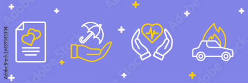 Set line Burning car, Life insurance, Umbrella hand and Marriage contract icon. Vector
