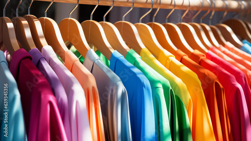 Colourful vibrant colour cloths on a rack with wooden cloths hangers