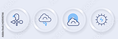 Set line Solar energy panel, Rainbow with cloud, Cloud and lightning and Rooster weather vane icon. Vector