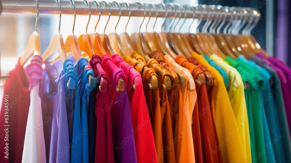 Colourful vibrant colour cloths on a rack with wooden cloths hangers Colourful vibrant colour cloths on a rack with wooden cloths hangers