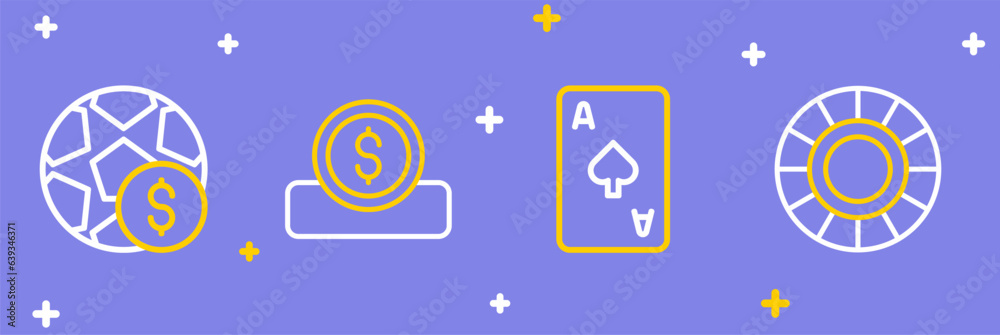 Set line Casino chips, Playing card with spades symbol, Coin money dollar and Football betting icon. Vector Set line Casino chips, Playing card with spades symbol, Coin money dollar and Football betting icon. Vector