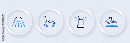Set line Watering can, Automatic irrigation sprinklers, Lawn mower and Sunrise icon. Vector