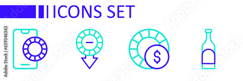 Set line Bottle of wine, Casino chips, and Online sports betting icon. Vector