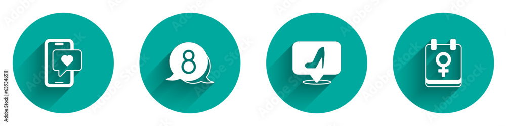 Set Mobile with heart, 8 March in speech bubble, Woman shoe and Calendar icon with long shadow. Vector Set Mobile with heart, 8 March in speech bubble, Woman shoe and Calendar icon with long shadow. Vector