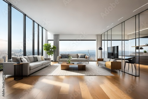 Sunny modern, luxury home showcase interior living room