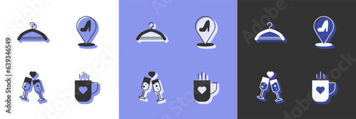 Set Coffee cup and heart  Hanger wardrobe  Glass champagne and Woman shoe icon. Vector