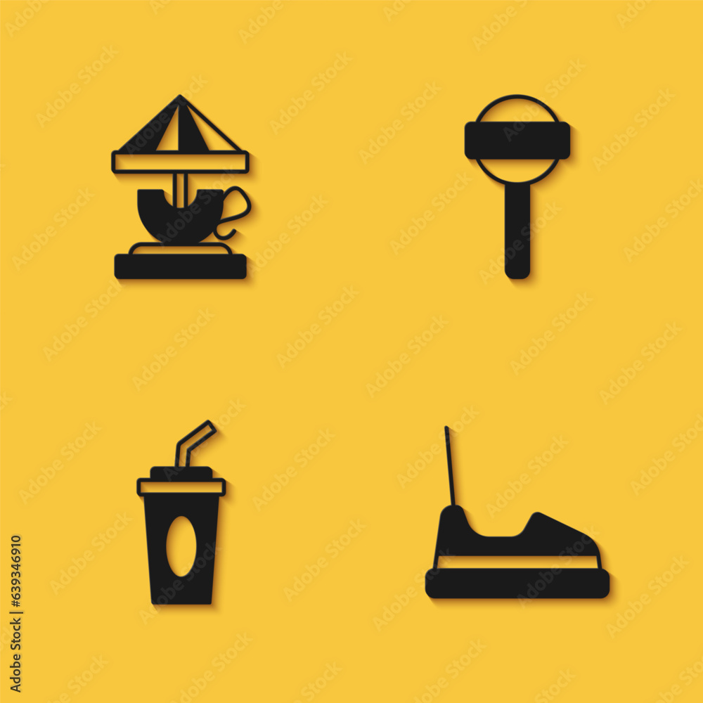 Set Attraction carousel, Bumper, Paper glass with water and Lollipop icon with long shadow. Vector Set Attraction carousel, Bumper, Paper glass with water and Lollipop icon with long shadow. Vector