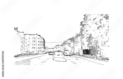 Building view with landmark of Roskilde is the city in Denmark. Hand drawn sketch illustration in vector.