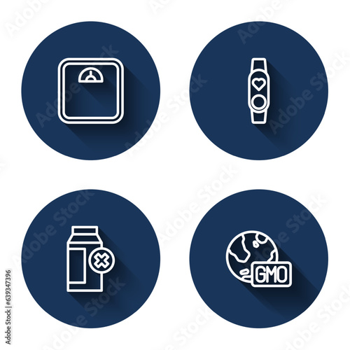Set line Bathroom scales, Smart watch with heart, Lactose intolerance and GMO with long shadow. Blue circle button. Vector