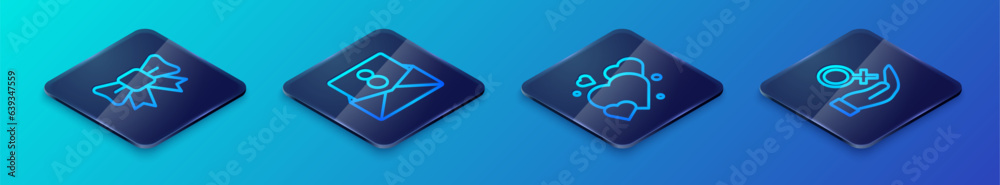 Set Isometric line Heart, Gift bow, Female gender symbol and Envelope with 8 March icon. Vector Set Isometric line Heart, Gift bow, Female gender symbol and Envelope with 8 March icon. Vector