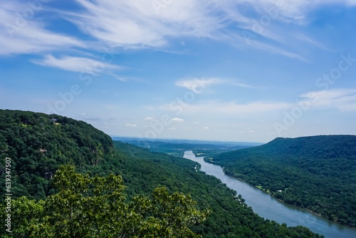 Mountain valley and river, blue sky