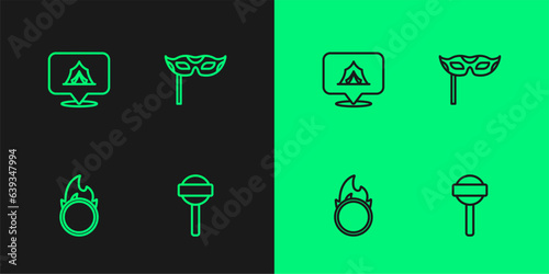 Set line Lollipop, Circus fire hoop, tent and Festive mask icon. Vector