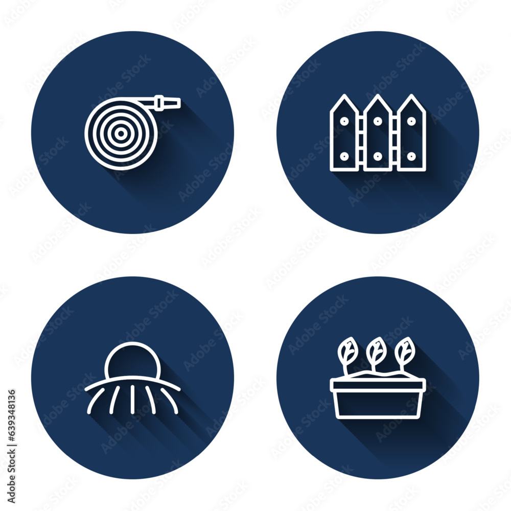 Set line Garden hose, fence wooden, Sunrise and Plant in pot with long shadow. Blue circle button. Vector