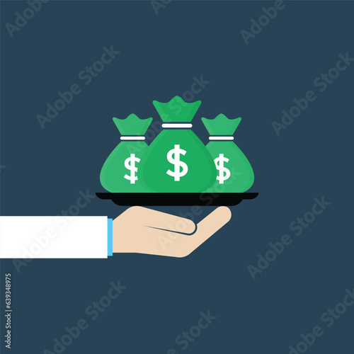 hand holding green money bag on dish. concept of sack with stack of coin or many bucks fund or depositor payout. flat trend creative graphic simple infographic design element isolated on background