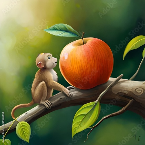 A LITTLE CUTE MONKEY SITING ON A BRANCH OF AN APPLE TREE WITH ONE PLICKED APPLE photo