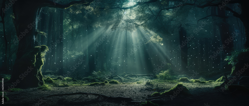 Magic lights glowing in fairytale enchanted forest with big trees and greenery. Magic lights glowing in fairytale enchanted forest with big trees and greenery.
