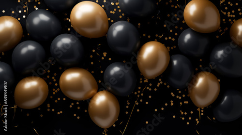 Black gold and silver balloons background with glitter, luxury romantic celebration card.