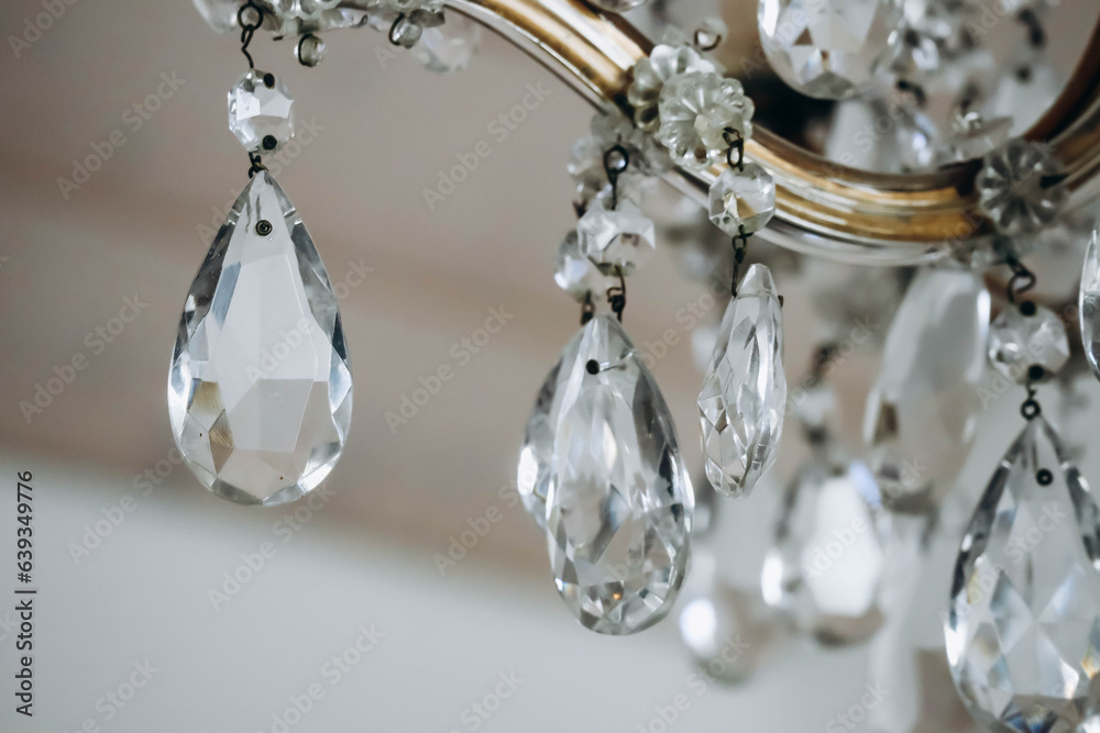 Close-up of a stylish modern crystal chandelier