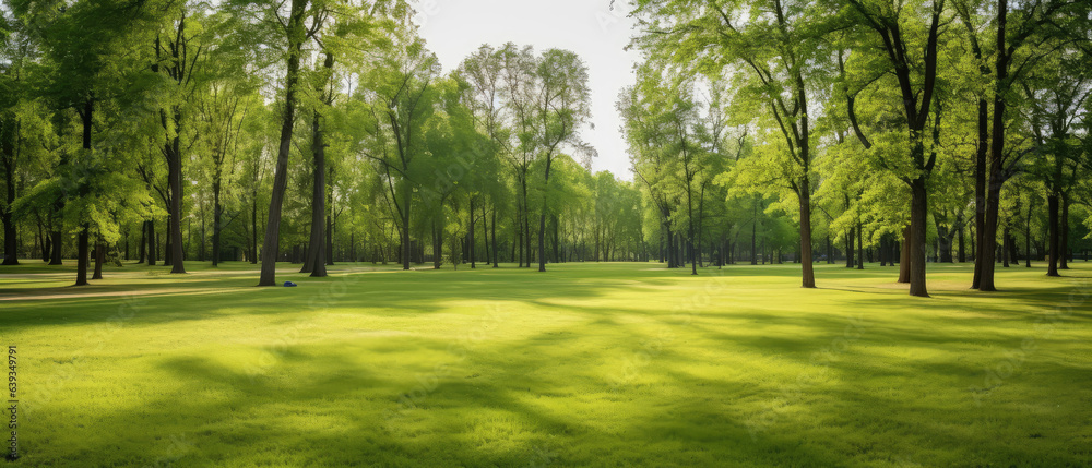 Beautiful panoramic landscape of park with trees and green grass field in autumn sunny morning. Beautiful panoramic landscape of park with trees and green grass field in autumn sunny morning.