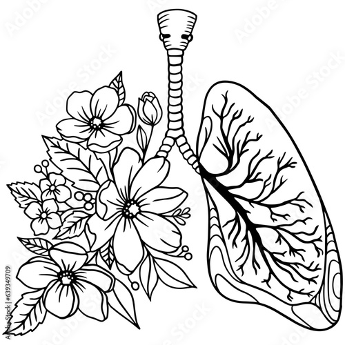 Human lungs with flowers black isolated vector icon. Lung, bronchi, human organ illustration. Floral Lungs. Human Lung. Vector illustration art