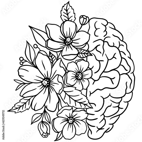 Floral human brain. Collection of brain with flowes inscription "Mental health matter". Human anatomy. Medical art. Vector illustration on white background.