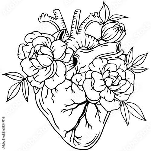 Realistic heart icon with flowers isolated on white background. Vector logo of a medical flower heart. Linear art of people heart.medical clipart, cardiology. Valentine's day cut file