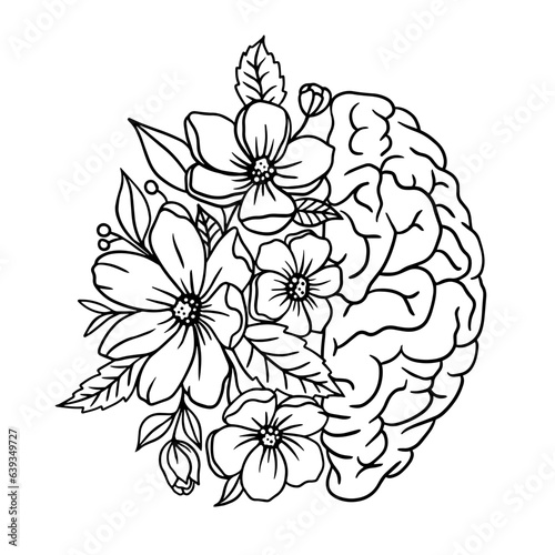 Floral human brain. Collection of brain with flowes inscription "Mental health matter". Human anatomy. Medical art. Vector illustration on white background.