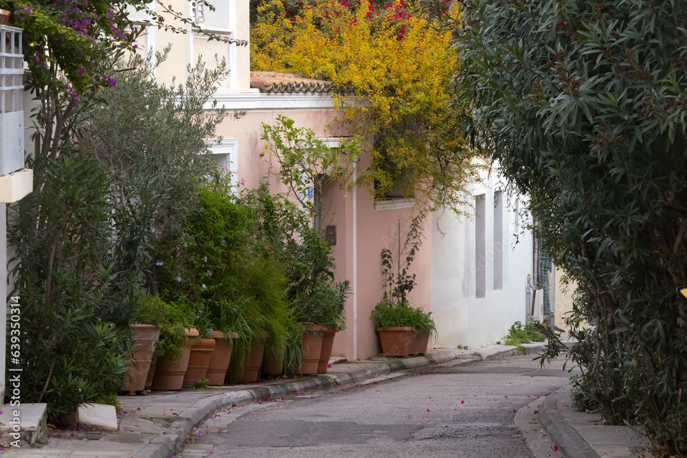 Street view in Athens with flowers on the building