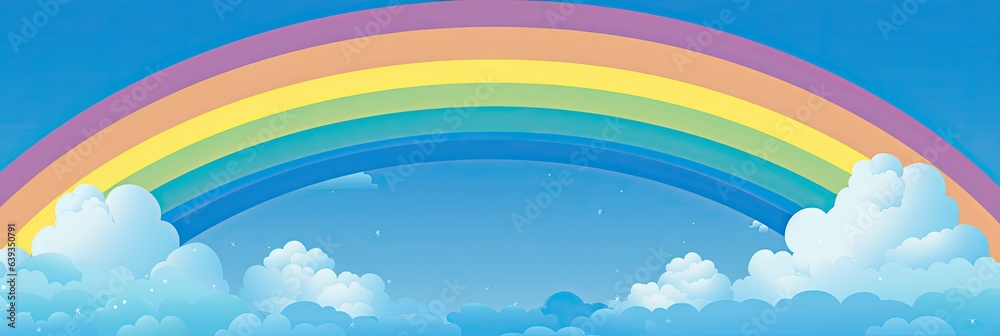 2D illustration of a colorful rainbow in the cloudy blue sky
