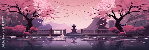 pink cherry blossoms with a water f ountain photo